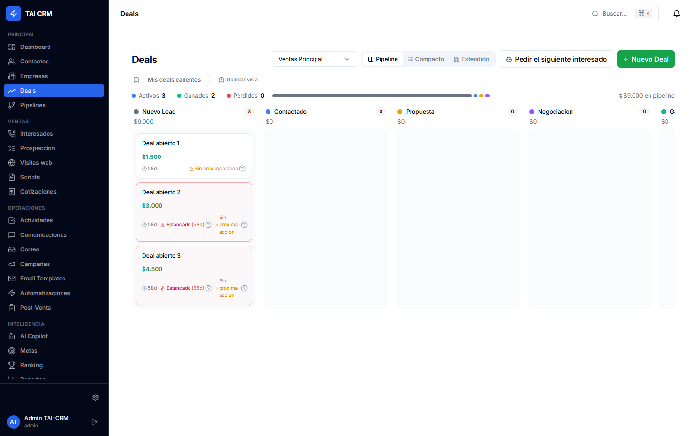 Pipeline de ventas tipo kanban: cada empresa nace con su tablero ya armado